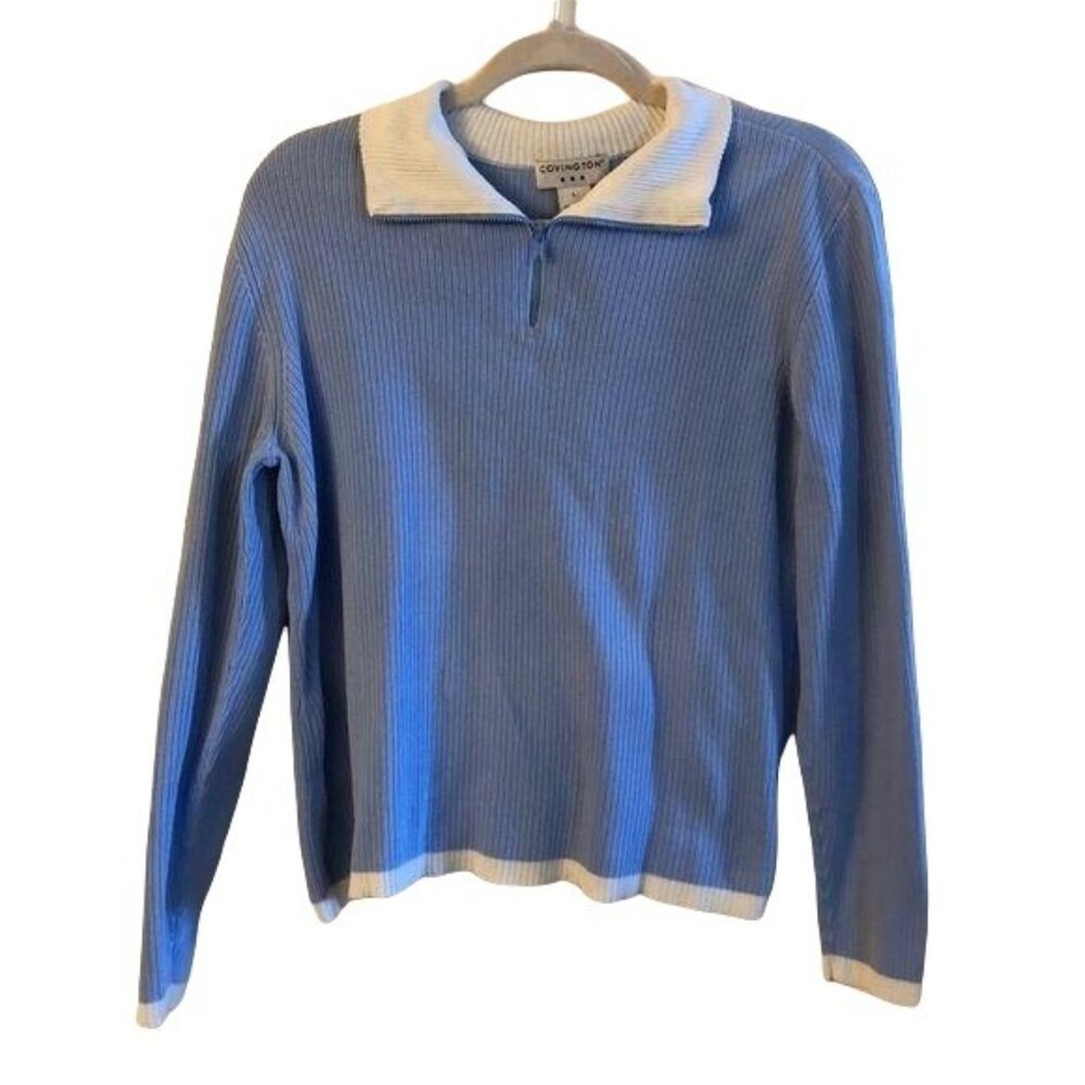 Covington Blue & White Ribbed Cotton Zip-Up Sweater L